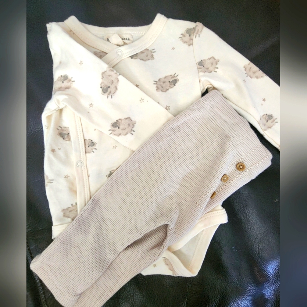 Rabbit bear organic cotton button onesie with matching pants, 3-6 mo